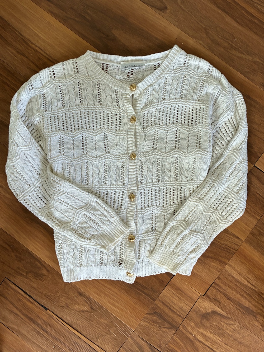 Vintage Weathervane White Cotton Open Knit Cardigan Sweater Gold Buttons Large